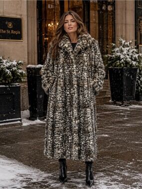 Black’s Furs Couture Black Gray Cream Rabbit Fur Full-Length Coat Size XL